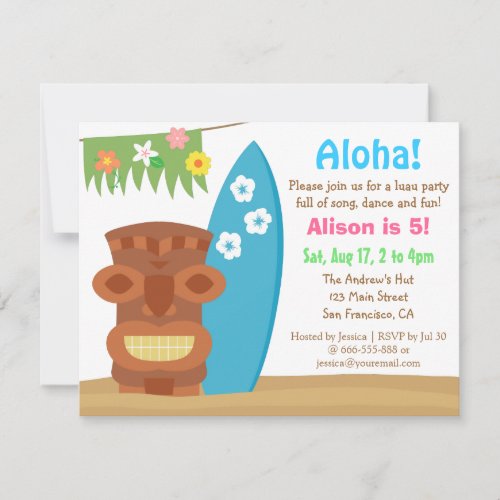 Colourful Hawaii Tiki Luau Beach Birthday Party Invitation