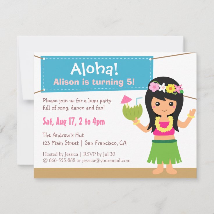 Colourful Hawaiian Themed Hula Girl Luau Party Invitation | Zazzle