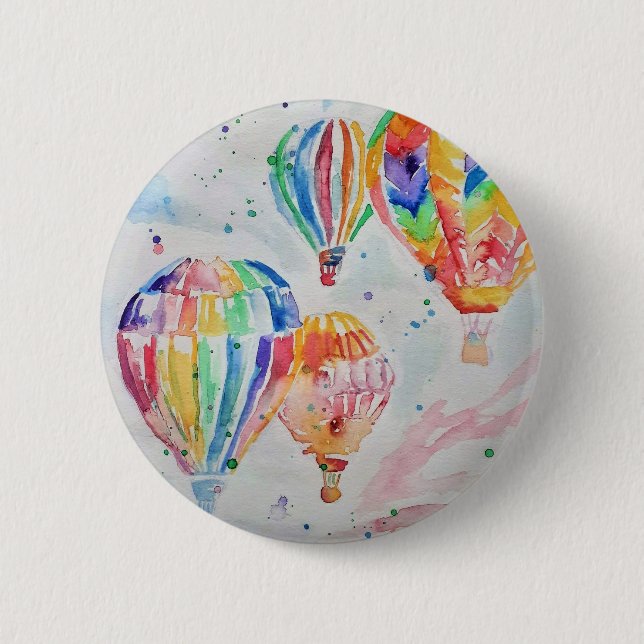Colourful Hot Air Balloons Watercolour Painting Button (Front)