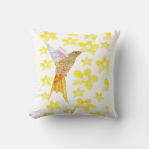 Colourful Hummingbird with yellow Orchids Throw Pillow