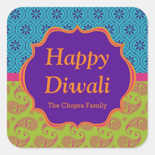 Colourful Indian Pattern Diwali Party Favour Square Sticker