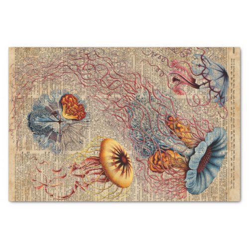 Colourful Jellyfish Sea Life Vintage Old Book Page Tissue Paper