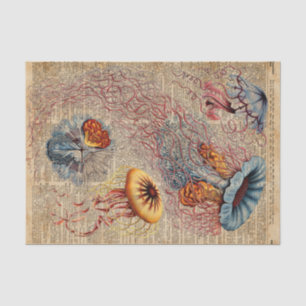 Colourful Jellyfish Sea Life Vintage Old Book Page Tissue Paper