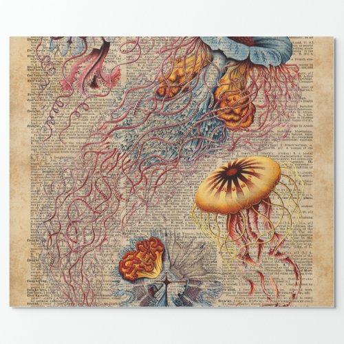 Colourful Jellyfish Sea Life Vintage Old Book Page Wrapping Paper