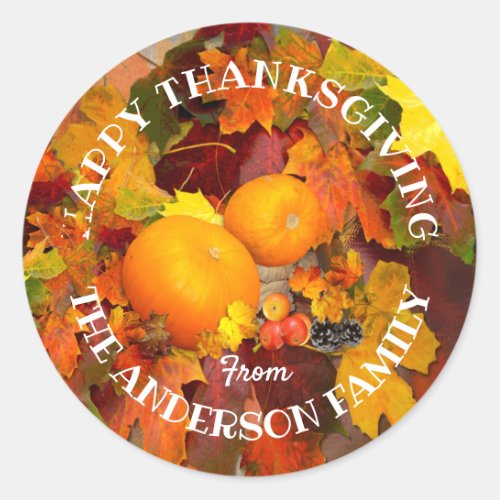 Colourful leaves and pumpkins Happy Thanksgiving Classic Round Sticker