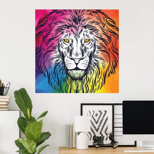 Colourful Lion Head Illustration Poster