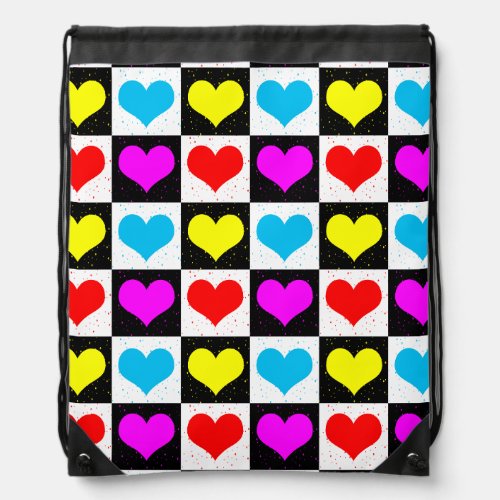 Colourful Love Hearts Geometric Block Print Drawstring Bag