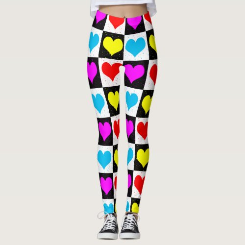 Colourful Love Hearts Geometric Block Print Leggings