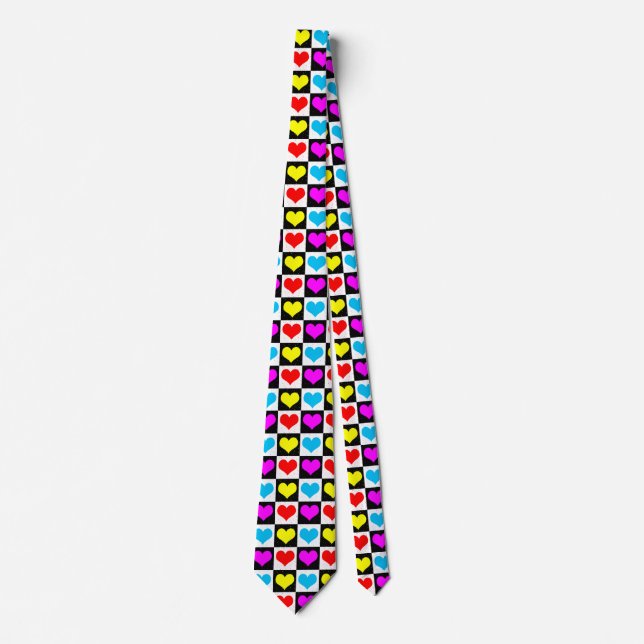Colourful Love Hearts Geometric Block Print Neck Tie (Front)