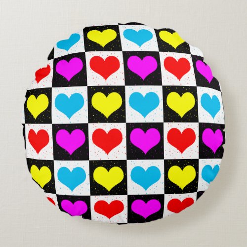 Colourful Love Hearts Geometric Block Print Round Pillow
