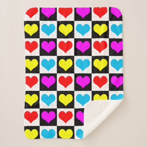 Colourful Love Hearts Geometric Block Print Sherpa Blanket