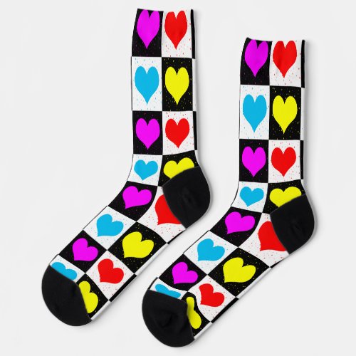 Colourful Love Hearts Geometric Block Print Socks