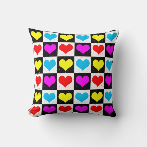 Colourful Love Hearts Geometric Block Print Throw Pillow