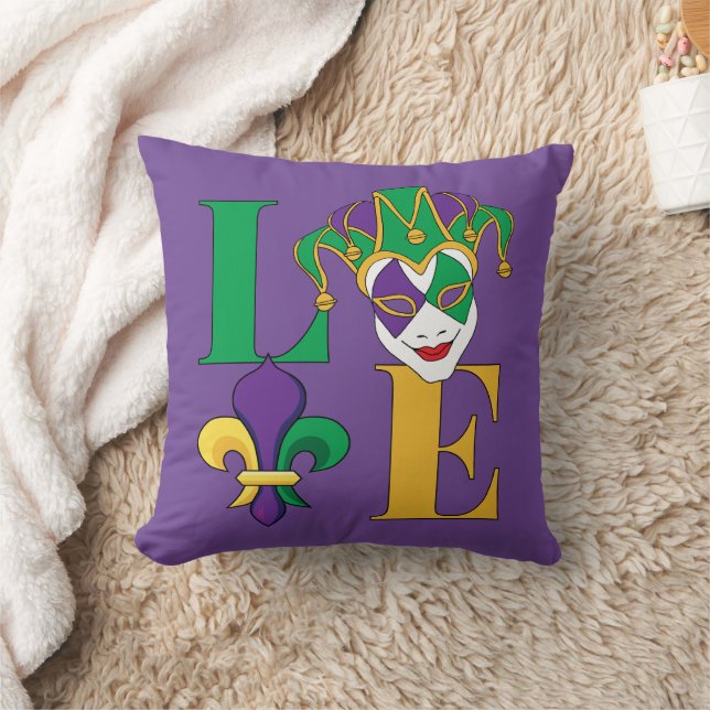 Colourful LOVE Mardi Gras Carnival Jester Throw Pillow (Blanket)