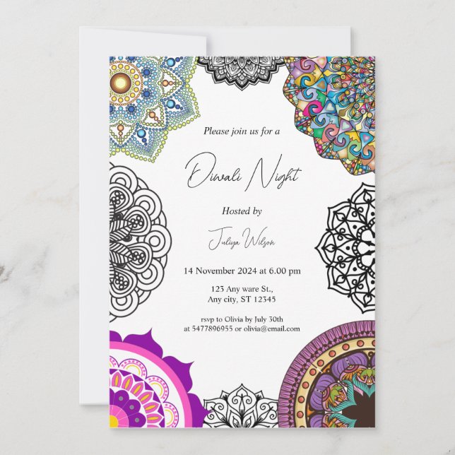 Colourful mandala Diwali night Invitation (Front)