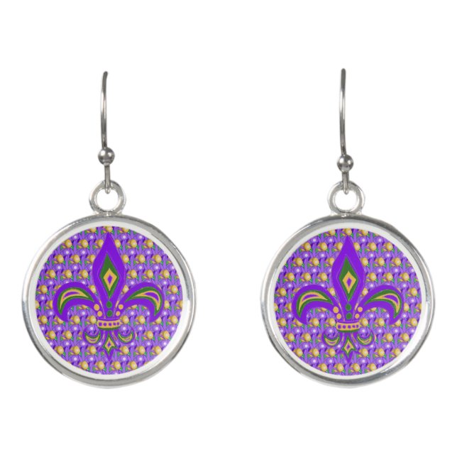 Colourful Mardi Gras beads and  Fleur de Lis Earrings (Front)