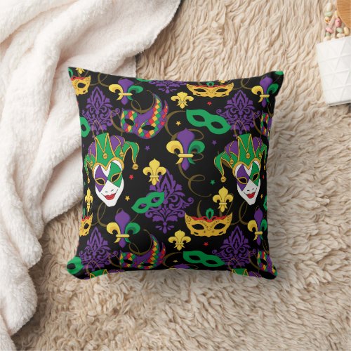 Colourful Mardi Gras Carnival Jester Pattern Throw Pillow