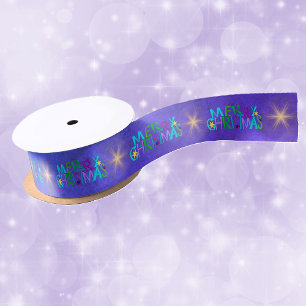 Colourful Merry Christmas Text Twinkle Gold Stars Satin Ribbon