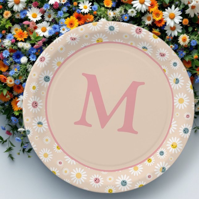 Colourful Monogram Smiling Daisy personalised Paper Plates (Colourful Monogram Smiling Daisy personalised Paper Plates)