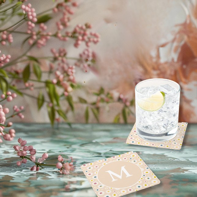 Colourful Monogram Smiling Daisy personalised Square Paper Coaster (Colourful Monogram Smiling Daisy personalised Square Paper Coaster)