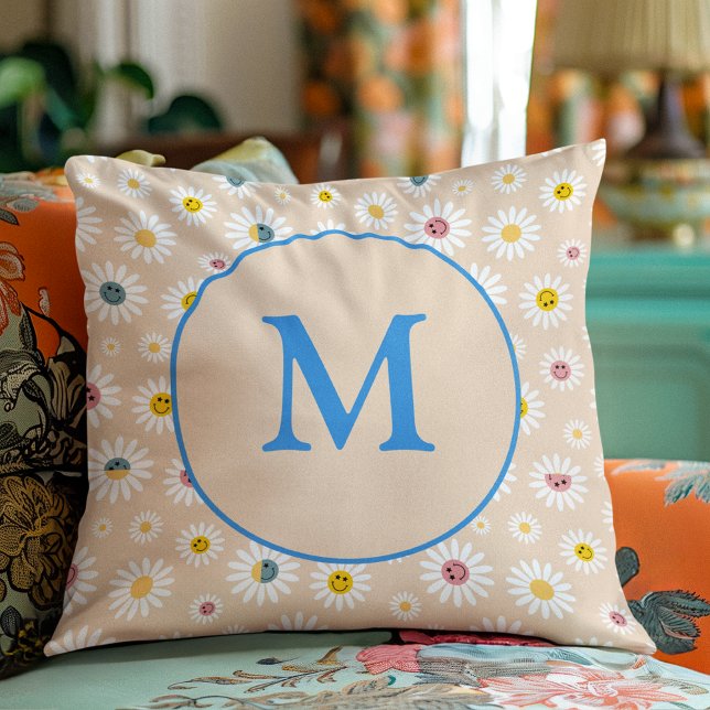 Colourful Monogram Smiling Daisy personalised Throw Pillow (Colourful Monogram Smiling Daisy personalised Throw Pillow)