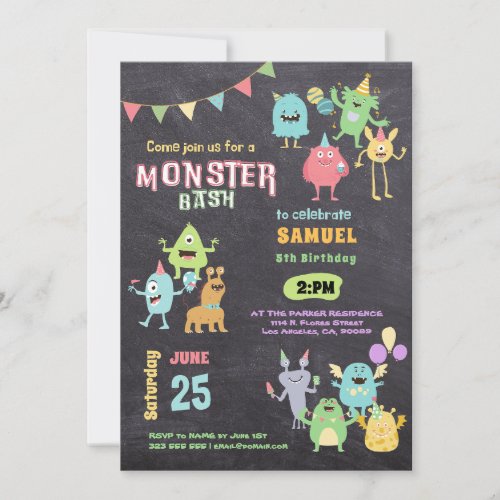 Colourful Monster Theme Kids Birthday Party Invitation