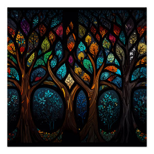 Colourful Mosaic Stained Glass Tree effect design Poster