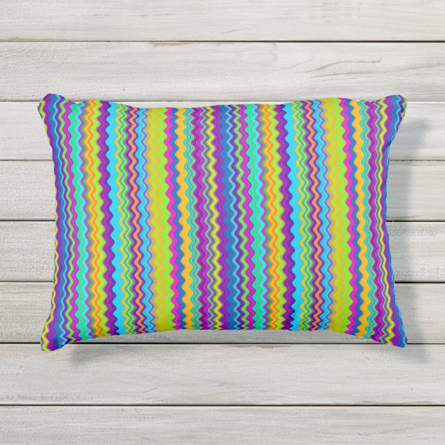 Colourful Multicoloured Wavy Line Pattern Outdoor Pillow (Front)