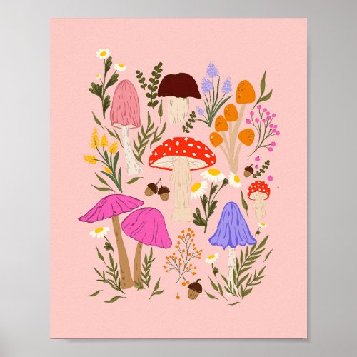 Colourful mushrooms and wildflowers illustration  poster