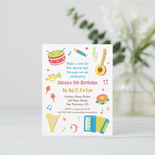 Colourful Music Instruments Kids Birthday Party Invitation | Zazzle