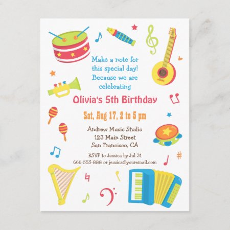 Colourful Music Instruments Kids Birthday Party Invitation