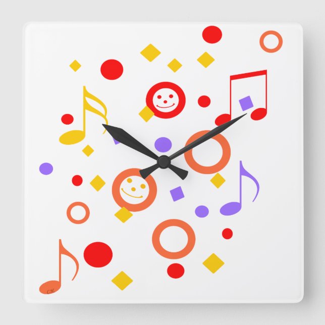 Colourful Music Notes Square Wall Clock (Front)