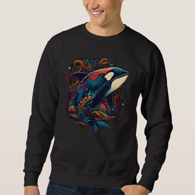 Colourful mystical orca whale watching dolphin pot sweatshirt (Front)