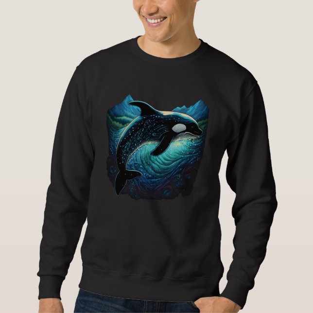 Colourful mystical orca whale watching dolphin pot sweatshirt (Front)