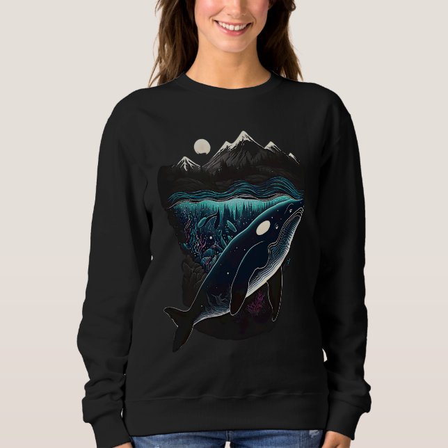 Colourful mystical orca whale watching dolphin pot sweatshirt (Front)