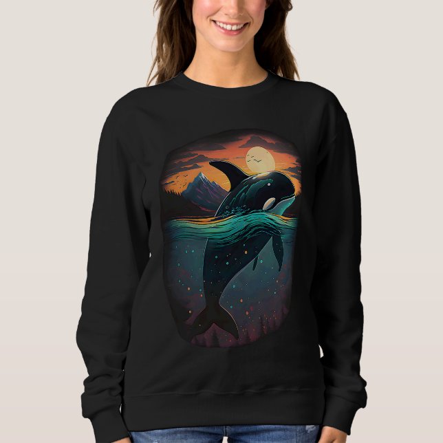 Colourful mystical orca whale watching dolphin pot sweatshirt (Front)