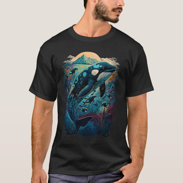 Colourful mystical orca whale watching dolphin pot T-Shirt (Front)