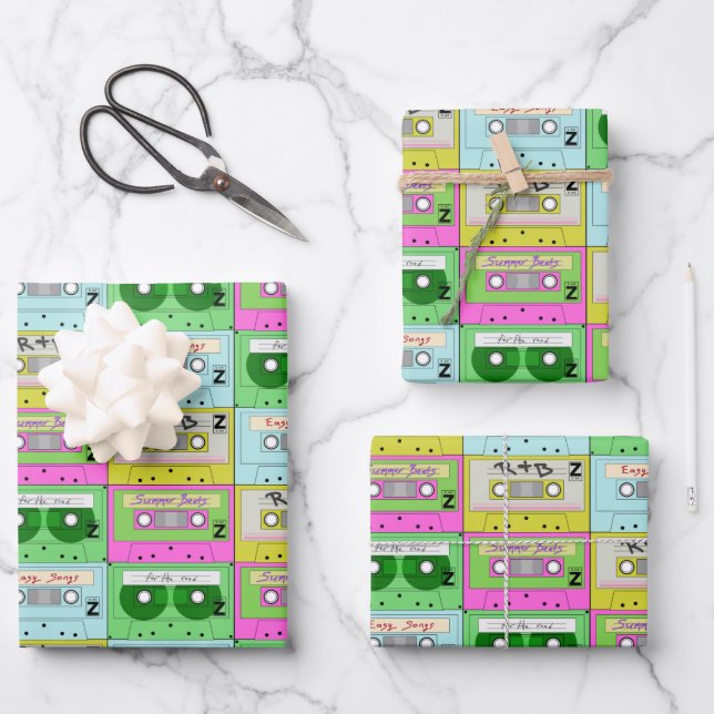 Colourful Neon Music Cassettes Wrapping Paper Sheets (Front)