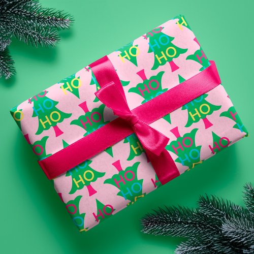 Colourful Neon Typographic HO HO Christmas Tree Wrapping Paper