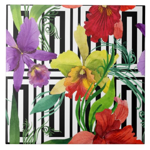 Colourful Orchid Flowers Watercolour Pattern Ceramic Tile