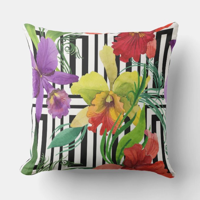 Colourful Orchid Flowers Watercolour Pattern Outdoor Pillow (Front)