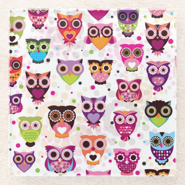 Colourful Owl Pattern For Kids 2 Glass Coaster (Front)