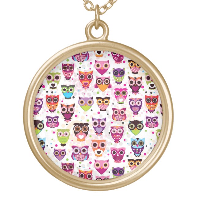 Colourful Owl Pattern For Kids Gold Plated Necklace (Front)