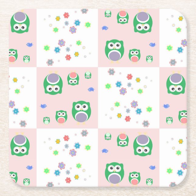 Colourful Owl Pattern For Kids Square Paper Coaster (Front)