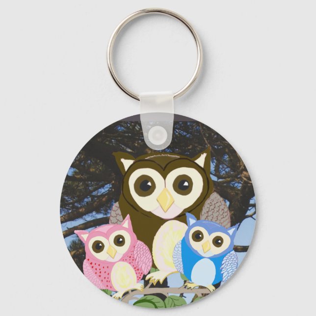 Colourful Owls in a Tree Keychain (Front)
