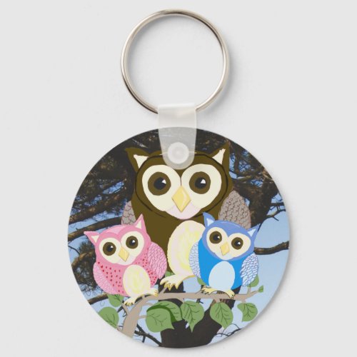 Colourful Owls in a Tree Keychain