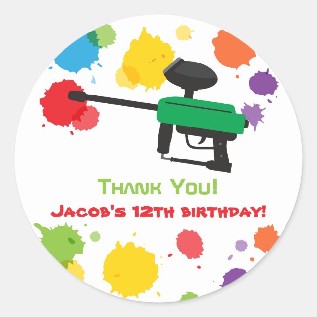 Colourful Paintball Boys Birthday Party Stickers (Front)