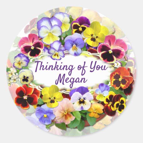 Colourful Pansies Thinking of You Classic Round Sticker