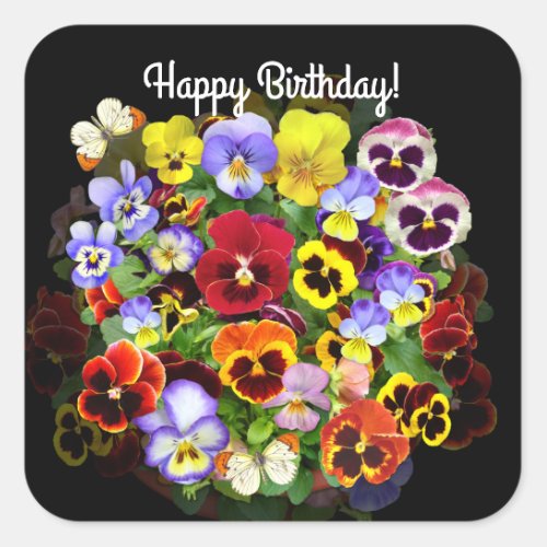 Colourful Pansies with Butterflies Birthday  Squar Square Sticker