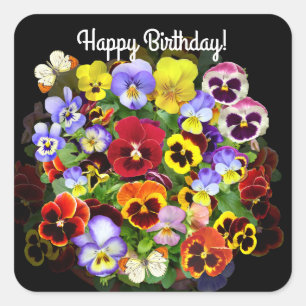 Colourful Pansies with Butterflies Birthday Squar Square Sticker